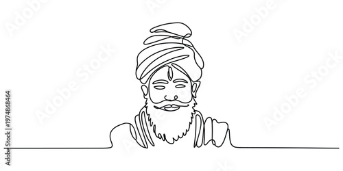 Continuous line drawing of an indian sadhu with a turban