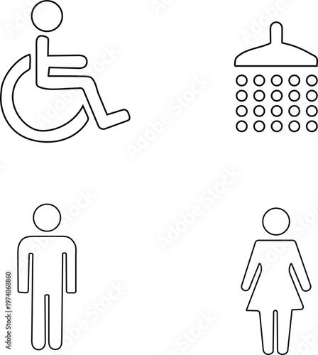 Black line icons of disabled person in wheelchair, shower head, man and woman on white background