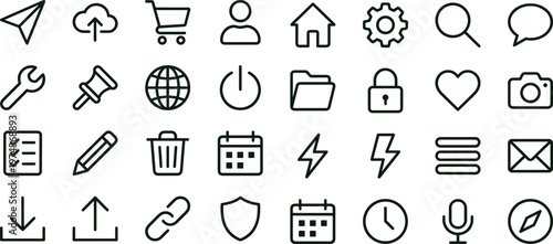 Modern interface essentials outline icon set featuring communication navigation security files connectivity symbols for web applications dashboards and mobile platforms