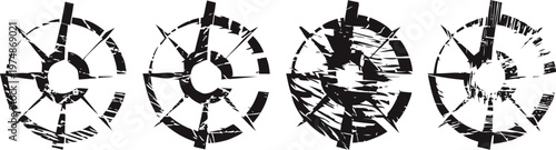 Set of four black distressed circular target rings with varying degrees of grunge texture and broken lines