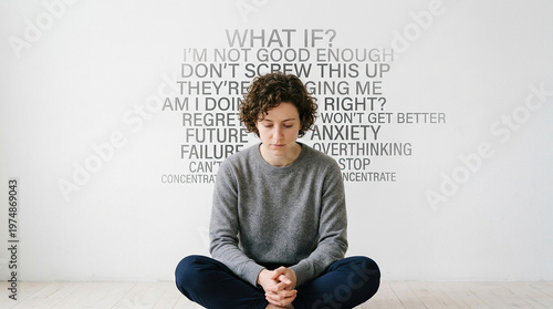 Stressed woman overthinking with chaotic thoughts, anxiety and mental health concept