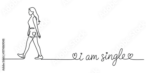 Continuous line drawing of a woman walking with text i am single