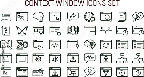Context window outline icon set featuring interface navigation analytics workflow management symbols for web applications dashboards developer platforms