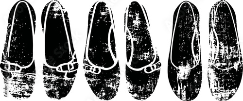 Three pairs of worn women's ballet flats, vintage and distressed shoes