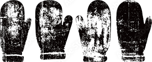 vintage worn boxing gloves silhouettes in grunge style, old sports equipment icons