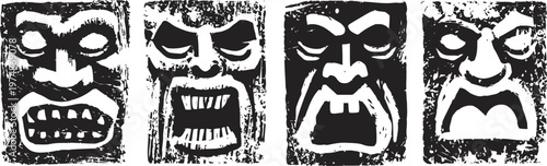 Tiki mask set with expressive tribal faces black and white illustration traditional wooden carvings