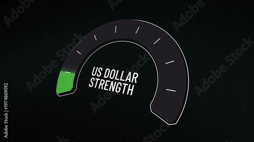 Gauge meter tracks US dollar strength fluctuating on dark background. Greenback value rises, boosting purchasing power and lowering import costs, then drops, impacting trade. Copy space