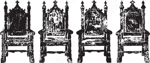 Ornate antique wooden throne chairs with intricate carving and medieval royal design