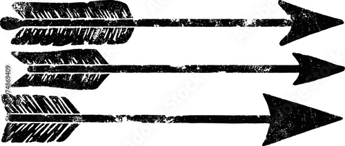 Three grunge arrows with detailed feather fletching and pointed tips, black silhouette design