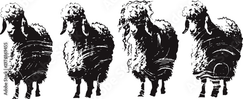 four black and white sheep silhouettes standing in different poses with curly wool texture