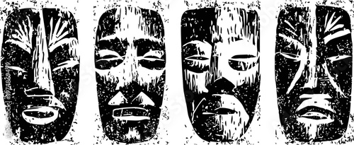 set of four rustic tribal masks illustration in distressed black and white