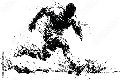 Dynamic soccer player kicking ball with powerful motion and energetic splash effect