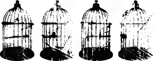 Vintage birdcage silhouettes set in black ink style, rustic cage collection with bird inside