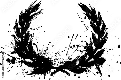 Grunge laurel wreath design with ink splatter on white background for victory and achievement symbol