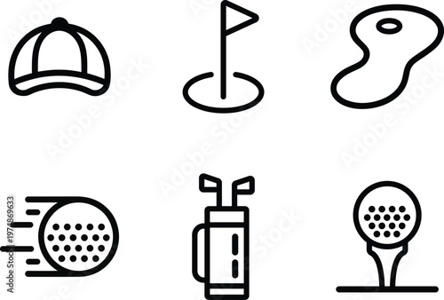 Collection of six simple line art golf icons representing different elements of the sport for a clean design