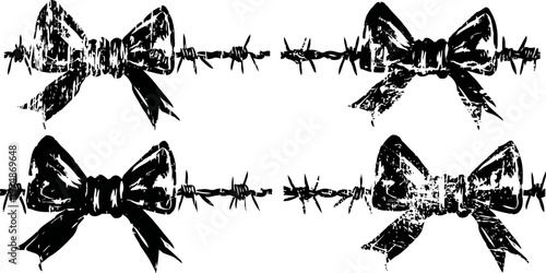 Grunge barbed wire with bows decorative rough texture border, vintage shabby chic design, rustic decorative element