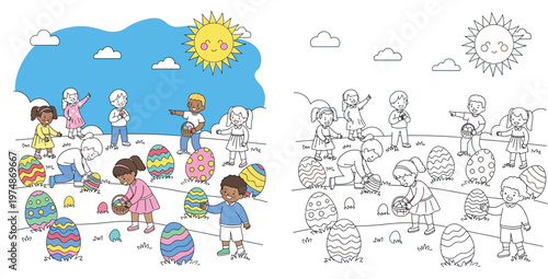 Easter egg hunt illustration featuring diverse kids playing outdoors, including a black and white line art coloring page version for children's activities.