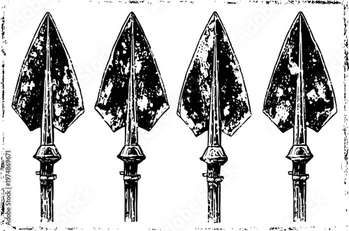 Four vintage spearhead designs in black and white with distinct shapes and central ridges