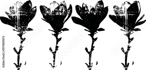 four black and white silhouette roses lined up in a row simple floral design with stem and leaves