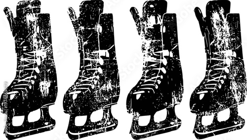 worn black ice skates with laces and scuffed leather isolated on white background