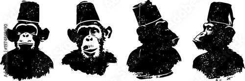 Vintage monkey portraits wearing fezos set classic black and white illustration of apes in traditional hats