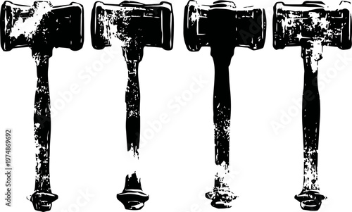 Vintage distressed sledgehammer silhouettes in black and white, industrial tool design elements