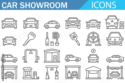 Automotive icons collection clean line vector editable stroke for showroom and service