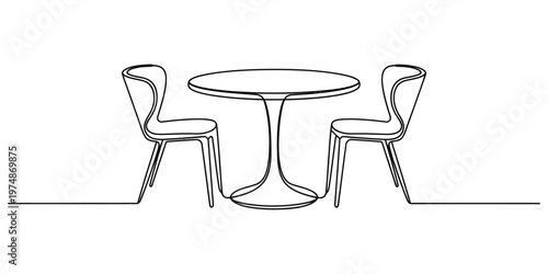 Minimalist continuous line drawing of a round dining table paired with two modern style chairs