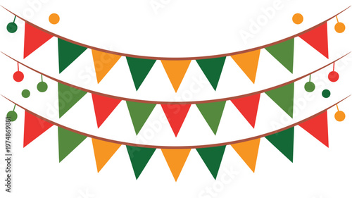 Festive bunting garland with triangular red, green, orange flags and colorful light ornaments
