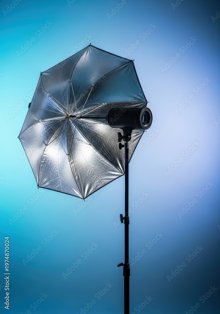 © Katherina - Studio photography silver umbrella reflector equipment setup on a light stand, highlighting texture and professional lighting accessory, portable, reflector, illumination