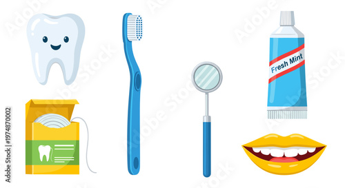 A colorful vector illustration of dental care items on a white background