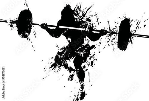 Dynamic black ink silhouette of a weightlifter performing a clean and jerk with splattered effect