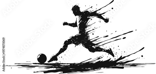Dynamic soccer player kicking ball with motion lines, black silhouette sports illustration