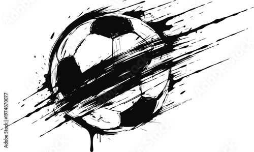 Dynamic black and white soccer ball with abstract paint splash and motion streaks design
