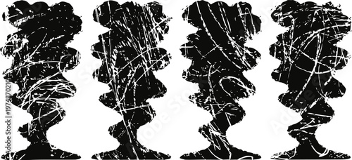 Four abstract human silhouettes with dynamic white lines on black textured background