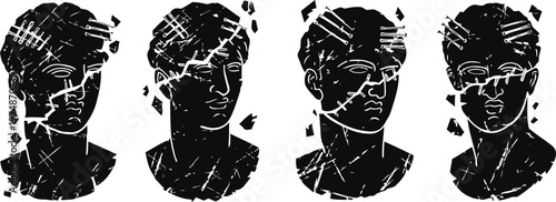 four black and white abstract male busts with fragmented faces on a white background