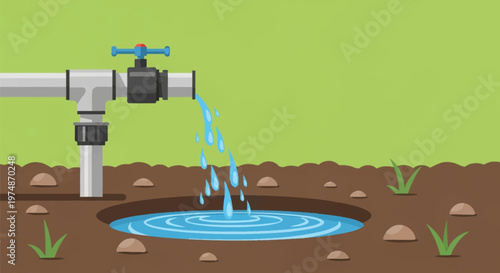 Vector illustration of a white irrigation pipe with a black valve leaking water into a hole in the ground filled with a puddle on brown soil with grass and green background.