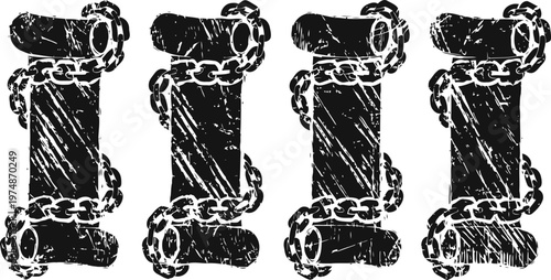 vintage medieval scrolls with chains, antique parchment documents, grunge old paper artifacts