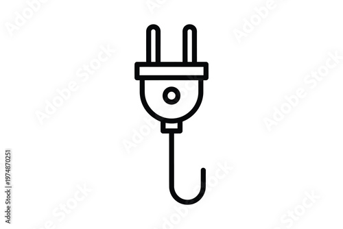 Minimalist Line Art Icon of an Electrical Plug with Cord, Isolated on White Background, Perfect for Technology and Energy Related Designs