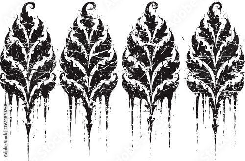 grunge vintage ornamental floral leaves with ink splatter and weathered texture design
