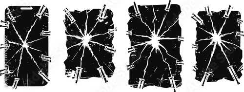 Four cracked vintage paper sheets with tape holding torn edges, distressed grunge texture backgrounds