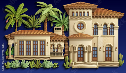 Mediterranean paper cut style vector illustration of a luxury villa with terracotta roof, ornate balconies and tropical plants. Elegant 3D colonial house design.