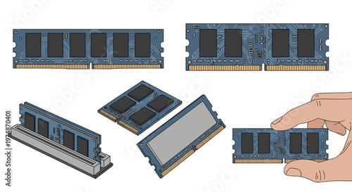 A hand holding a computer RAM module with various other modules displayed around it