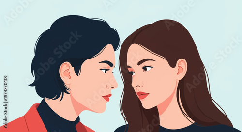 Flat vector illustration of two young women looking intensely into each others eyes, featuring one with short black hair in a red jacket and another with long brown hair.
