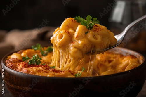 Golden baked mac and cheese with creamy texture and stretchy cheese pull