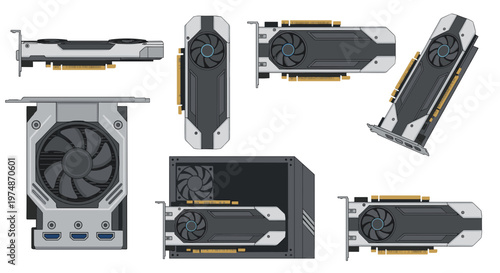 A set of computer graphics cards in various orientations and views