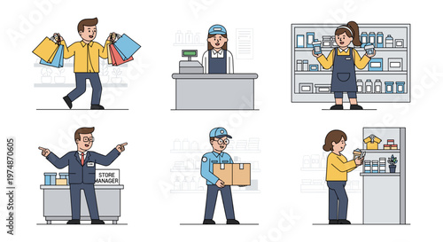 A colorful vector graphic illustration of people working and shopping in a modern retail environment
