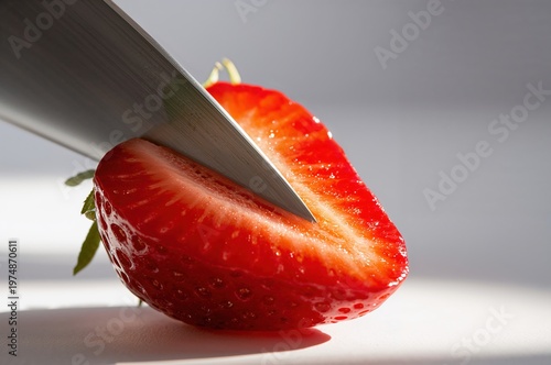 Knife slicing fresh strawberry macro revealing vibrant red fruit texture and seeds