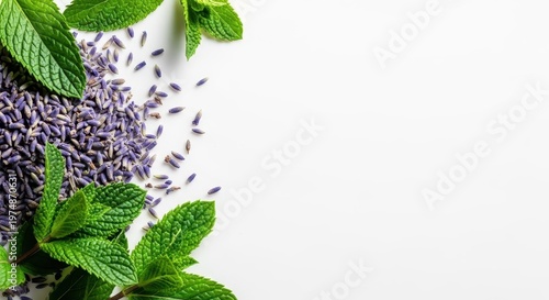A beautiful, natural composition featuring dried purple lavender buds and vibrant green mint leaves, representing calming aromatherapy and refreshing flavor, healthy, sweet, fragrant