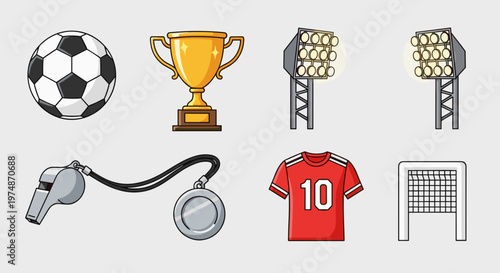 A set of soccer icons including a ball, trophy, stadium lights, whistle, stopwatch, jersey, and goal.